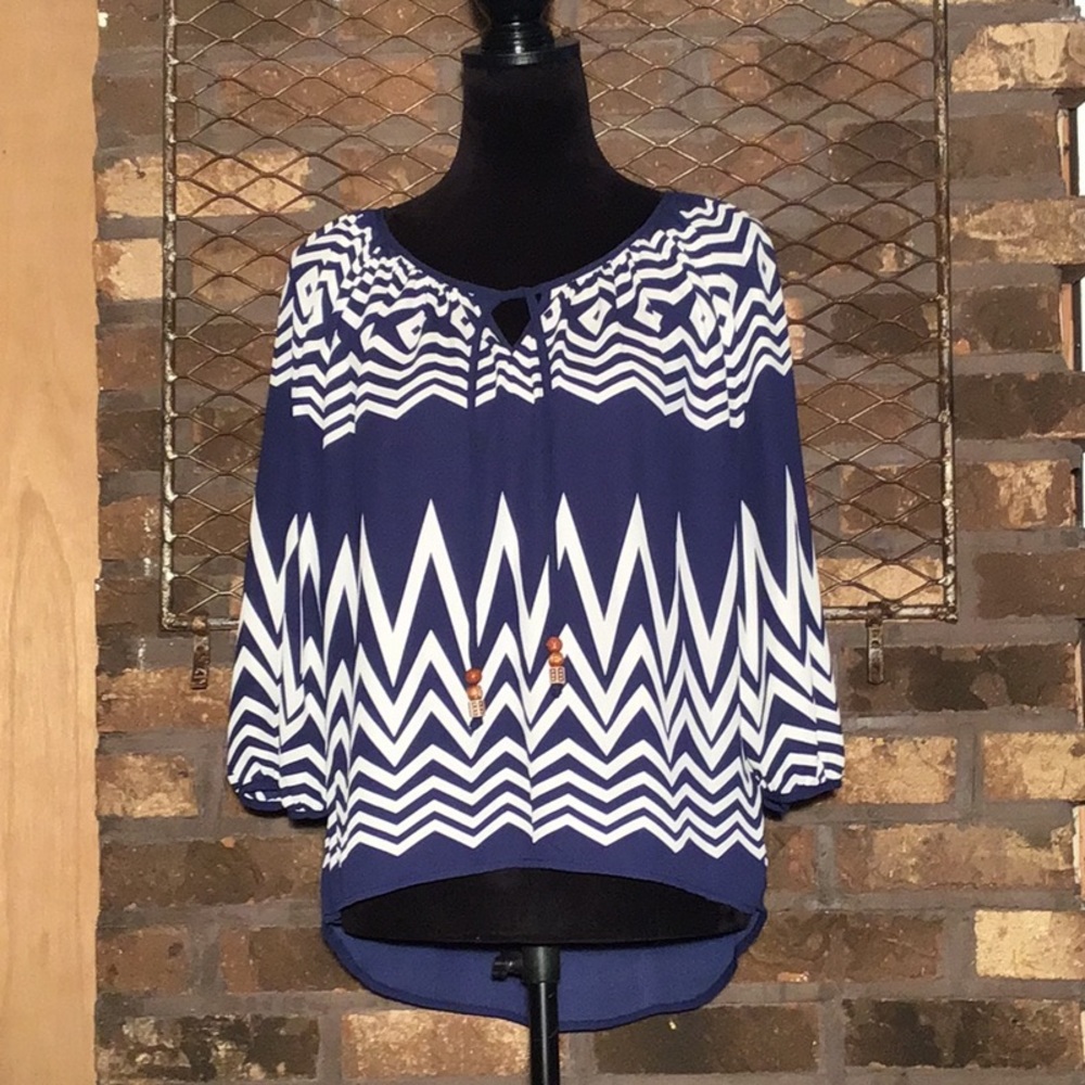 Hollywould high low blouse blue white chevron beaded tassels M